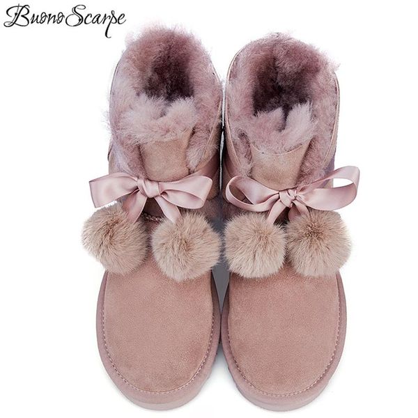 

buonoscarpe sheepskin leather fur lined women winter boots suede snow boots pom-pom style ankle winter shoes for sweet girls2020, Black