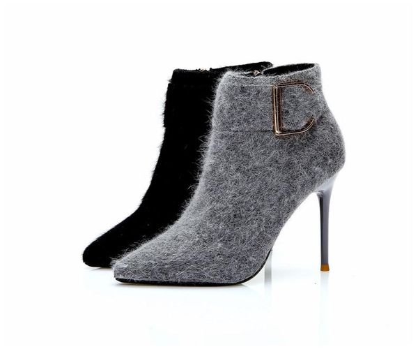 

boots women's 2021 winter fashion belt buckle warm furry pointed stiletto, Black