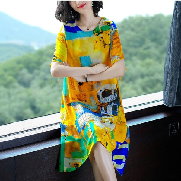 

2020 summer new korean style mid-length women's fashionable loose short-sleeved dresslong skirt dress printed skirt aline dress mother, Black;gray