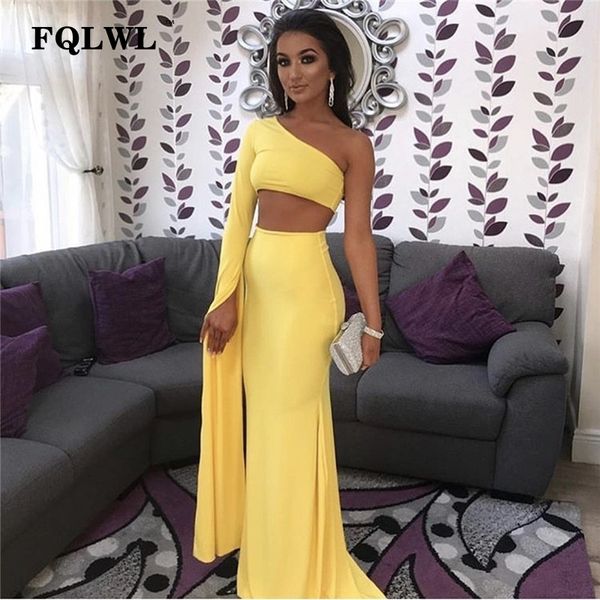 FQLWL One Off Shoulder Weiß/Langes Maxikleid Elegantes Langarm Zweiteiliges, figurbetontes Sexy Kleid Club Wear Damen Partykleider T200707