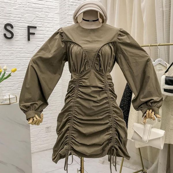 

casual dresses [ewq] 2021 spring autumn o-neck lantern sleeve high waist women dress korea style loose slim drawstring folds qz4651, Black;gray