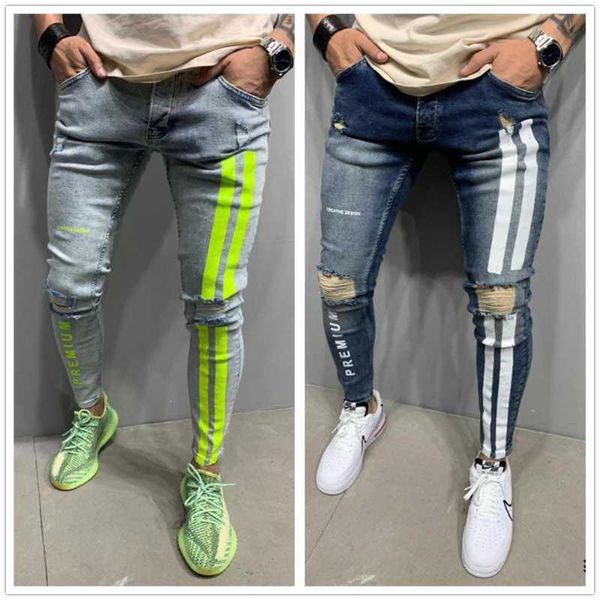 

new arrival fashion ripped jeans for men letter print striped skinny denim pencil pants street casual slim jeans drop shipping, Blue