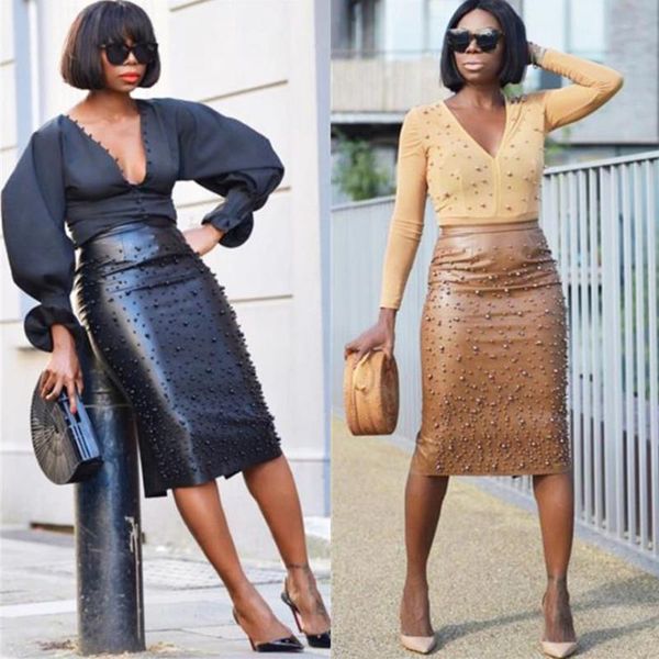

fashion autumn winter women high waist elastic pu leather skirt knee length nail bead split stretch faux leather skirts ladies, Black