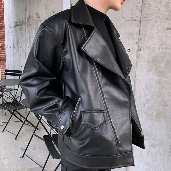 

fashion new korean casual loose mens faux jackets turn down collar moto biker male pu leather coats jaqueta masculino1, Black;brown