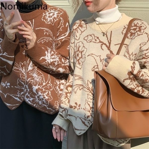 

nomikuma korean causal floral pullover knitwear long sleeve o-neck women sweater autumn winter irregular knitted pull 6c880 201130, White;black