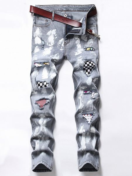 

men ripped frayed rag stitching brush print jeans k4ei#, Blue