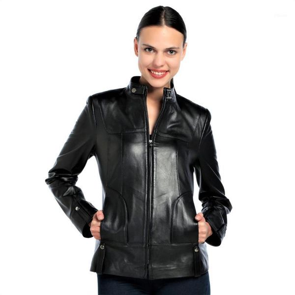 

lambskin biker woman black leather jacket outdoor motorcycle sheepskin metal zipper satin lining genuie quality gifts for woman1