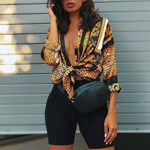

2020 spring women elegant party loose button shirt turn-down collar female leopard print knot front long sleeve blouse, White