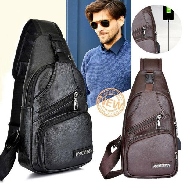 

waist bags 2021 est men's pu shoulder bag sling solid chest pack usb charging sports crossbody packs1