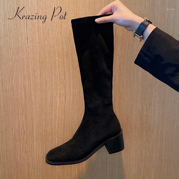 

krazing pot equestrian boots microfiber square toe thick high heel zipper convenient daily wear knee-high boots l771, Black