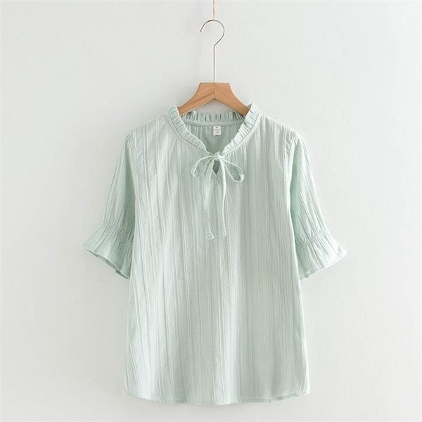 

summer new artistic small fresh stand collar lace-up short-sleeved shirt female 347061, White