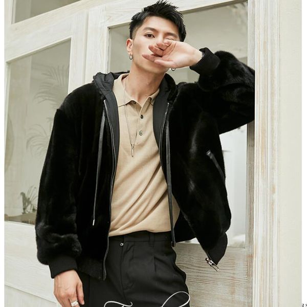 

autumn wintern men's faux fur hooded warm coat wear on both sides outwear m5, Black