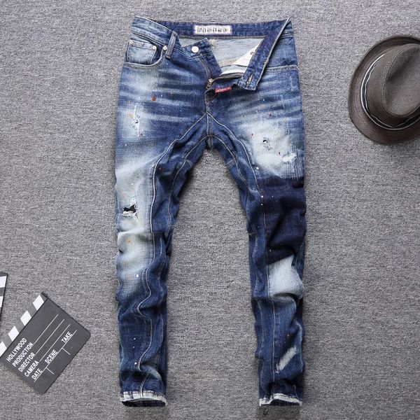 

streetwear style fashion men retro jeans blue spliced paint slim fit ripped jeans male punk pants hip hop biker homme1