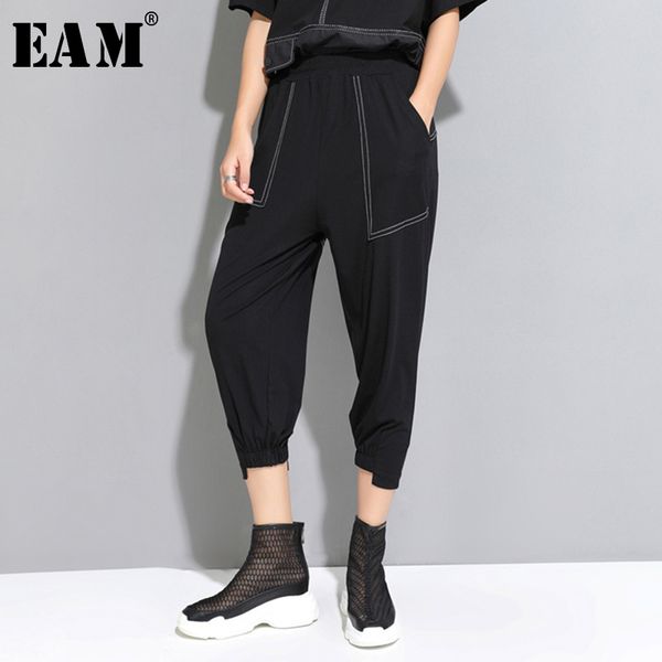 

eam] 2020 new spring autumn high elastic waist line split joint loose pocket harem pants women trousers fashion tide jw598 1017, Black;white