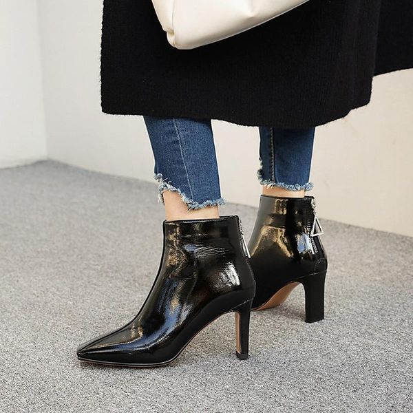 

полусапоги женские туфли 2020 осень зима лакированной кожи блок на высоких каблуках кристалл назад молния черный пинетки дамы размер 48, Black