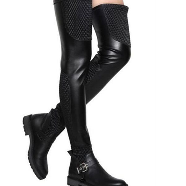 

2020 winter fall of square heel flat stretchy long leather with a thigh strap high boots for women wp4f, Black