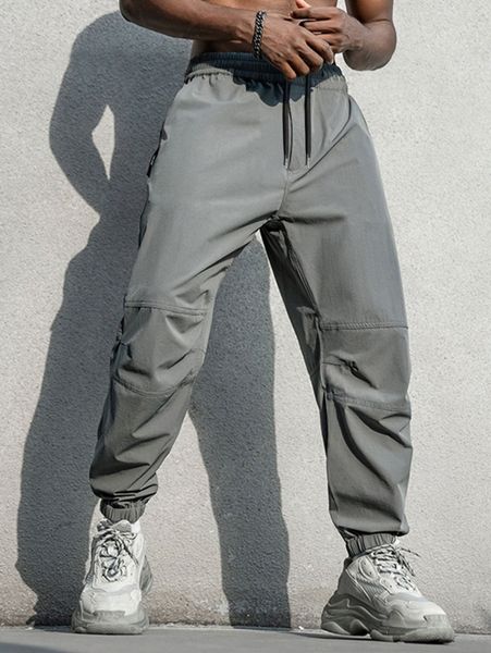 

men drawstring waist slant pocket pants 20cq#, Black