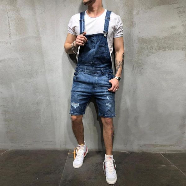 

fashion shorts jumpsuits new 2020 men casual summer denim bib pants overalls for male short knee length hole ripped loose jeans, Blue