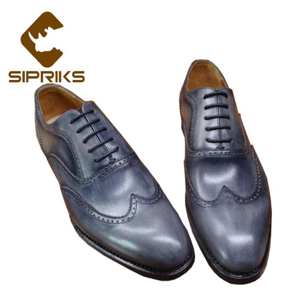 

sipriks luxury patina gray leather shoes vintage mens wingtip dress oxfords formal tuxedo shoes italian custom leather outsole, Black