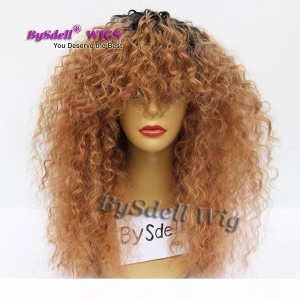 

fluffy afro kinky curly hair front lace wig synthetic heat resistant black ombre brond brown color lace front wig with bangs for black women