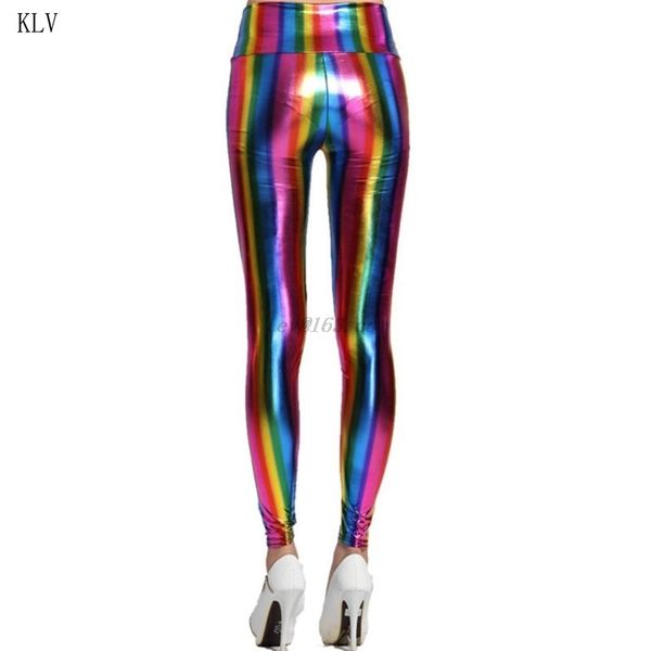 Leggings da donna con ologramma arcobaleno metallizzato, strisce glitterate al neon, pantaloni a vita alta stampati in ecopelle, clubwear per feste 201203