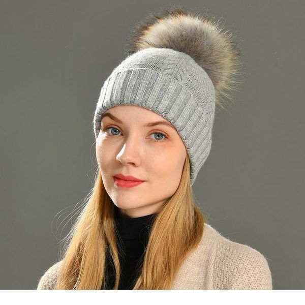 

winter real raccoon fur pom pom hat women ladies wool knitted cap with big fluffy fur pompom wool cashmere angora fu qylmje
