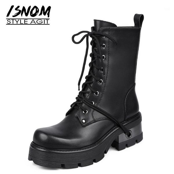 

boots isnom genuine leather ankle woman lace up chunky heel shoes women platform zip square toe skid proof booties 20211, Black