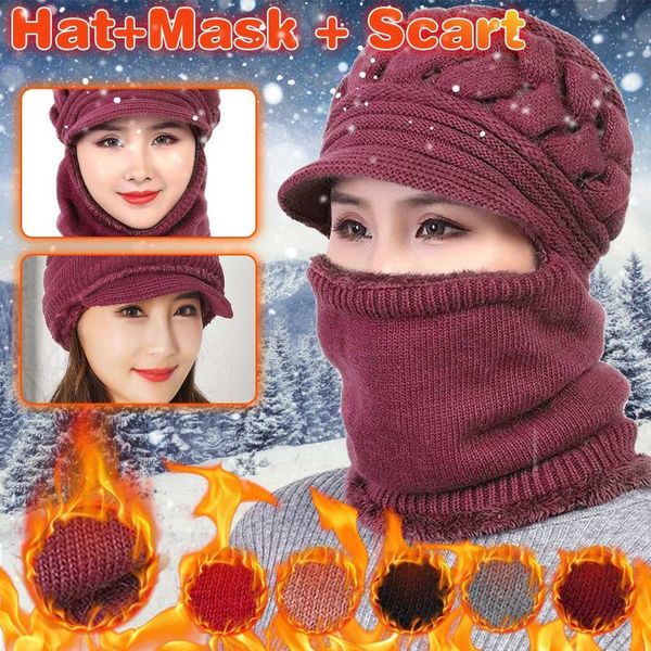 

women windproof beanie hat knitted hat scarf mask sets winter cycling skiing skullies warm one-piece snowcap accessories d3, Silver