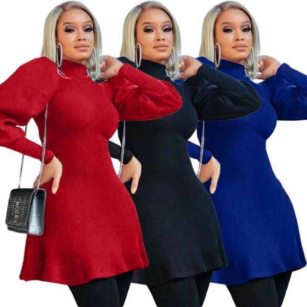 

autumn women skinny dresses fashion female's high neck lantern sleeve knitted bodycon mini dress for nightclub party, Black;gray