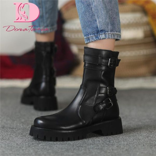 

boots doratasia female genuine leather fashion zip buckle platform chunky heels ankle women party office shoes woman, Black