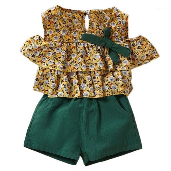 

kids clothes set summer style girls children dandelion print chiffon off shoulder shirt +pocket shorts two piece sets kids casua1, White