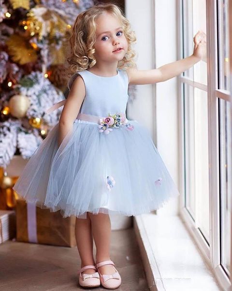 Abito da ballo in tulle blu corto fiore abiti da festa per bambina 2019 Nuovo abito da battesimo per bambina