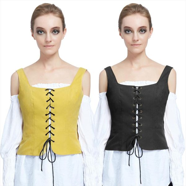 

sd women vests vintage faux suede square neck u back lace up front vest coat waistcoat vintage ladies, Black;white