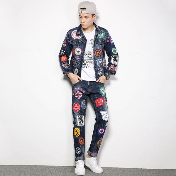 

2021 new sets men's worn slim personality tide brand street dance suit embroidery multi-bae jacket and jeans ktsf, Black