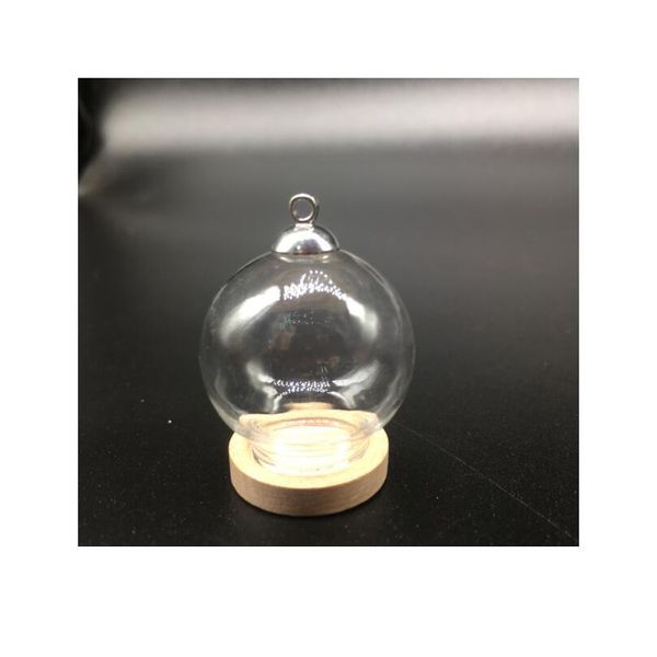 

100sets/lot 25*15mm glass globe orbs white/light red round wood base silver beads cap set wishing glass vial bbyswx, Bronze;silver