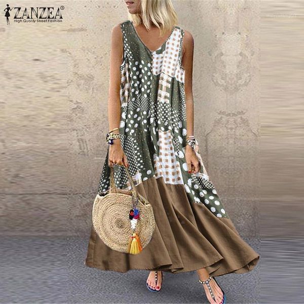 

casual dresses women sleeveless bohemian sundress zanzea 2021 summer maxi long dress ladies vintage patchwork printed vestidos party robe fe, Black;gray