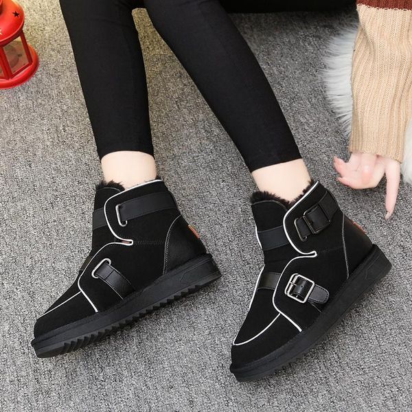 

suede snow boots women shoes warm ankle boots metal buckle winter casual plush flat women botines mujer 2020 black brown