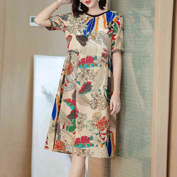 

luxury dress printed medium length summer round neck loose skirt, Black;gray