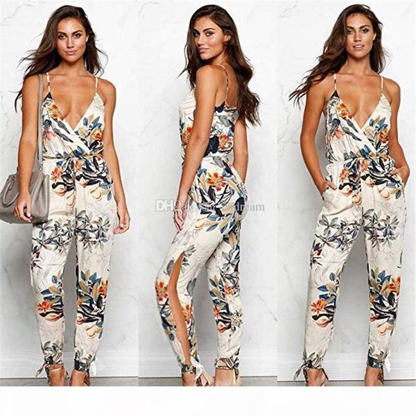 

waist tie jumpsuit v neck backless camis siamese trouses bow split jogger pants summer women clothes will and sandy floral black red, Black;white