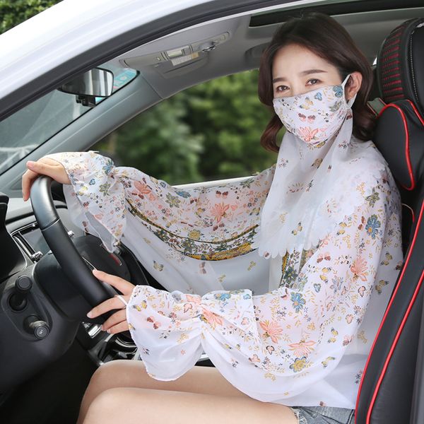 

lady sunscreen gloves girls uv-resistant driving bicycle mittens thin and extended shade sleeve shawl mask 2pcs b9761 q1112, Blue;gray