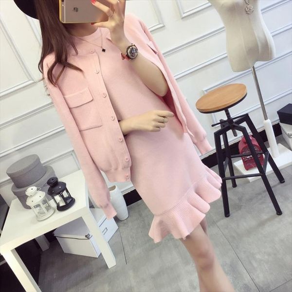 

2021 autumn women knitted coats fishtail dress sets knitting solid coat and ruffles mermaid dresses set for ladies woman, Gray