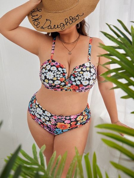 

plus floral v wired high waisted bikini swimsuit f3vf#, Black