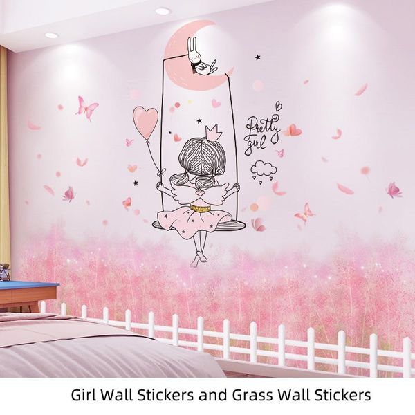 

[shijuekongjian] cartoon girl wall stickers diy chaotic grass plants mural decals for kids rooms baby bedroom home decoration