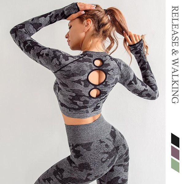 

outdoor t-shirts r&w camouflage sports hollow back with thumb holes exposed navel hiit women fitness training printed yoga shirts, Gray;blue