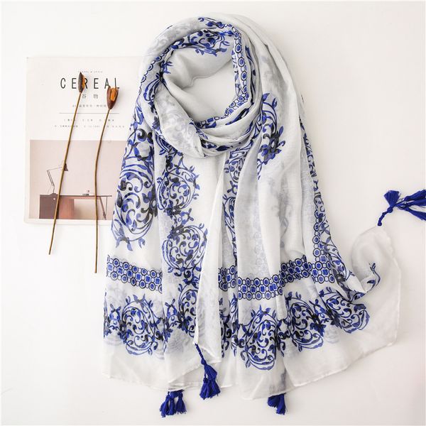 

blue and white porcelain scarf ethnic style gauze fringed shawl wild cotton and linen beach towel sunscreen, Blue;gray