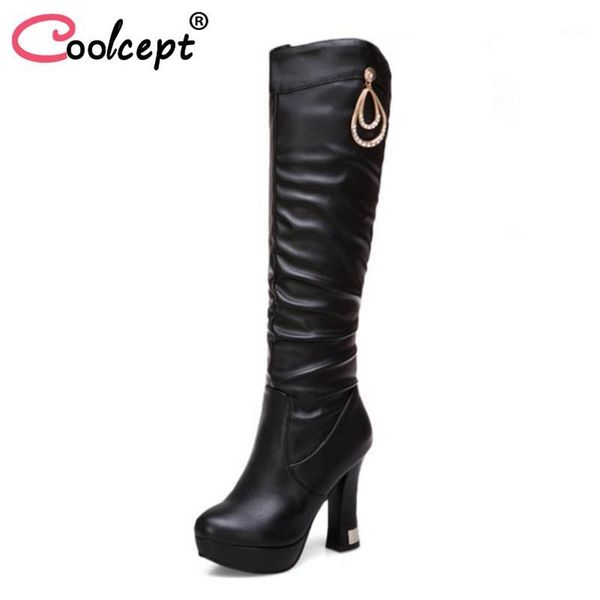 

boots coolcept size 32-43 high heel ladies knee fur winter women shoes warm platform long crystal woman footwear1, Black