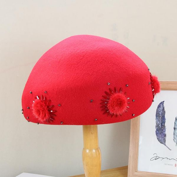 

stingy brim hats mingli tengda ladies winter fashion high-end rhinestone hair ball beret elegant temperament lady painter hat wool fedor, Blue;gray