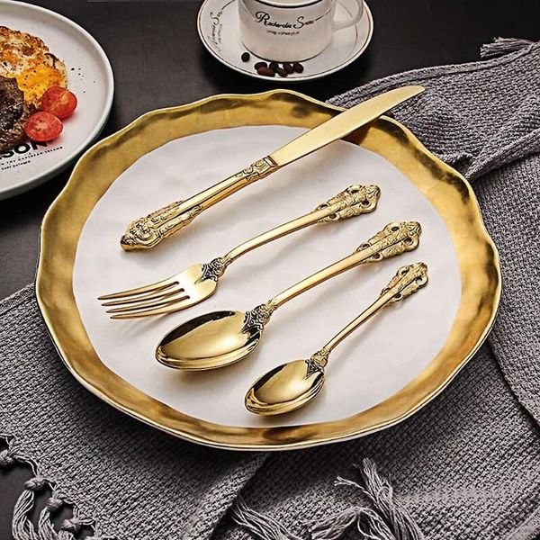 

western silverware set 304 stainless steel flatware set gold cutlery sets embossed tableware dinnerware fork knife spoon