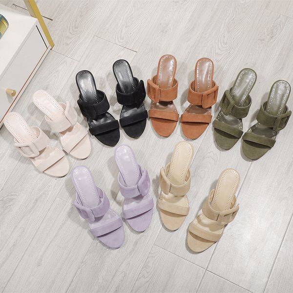 

2022 summer pure color women open-toe sandals leather vogue buckle designer slippers wedding party stilettos high heels comfort slides luxur, Black