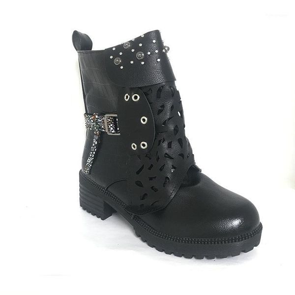 

boots autumn ankle women low heel platform side zip casual short boot rivet decoration hollow shoes big size 43 botas feminina1, Black